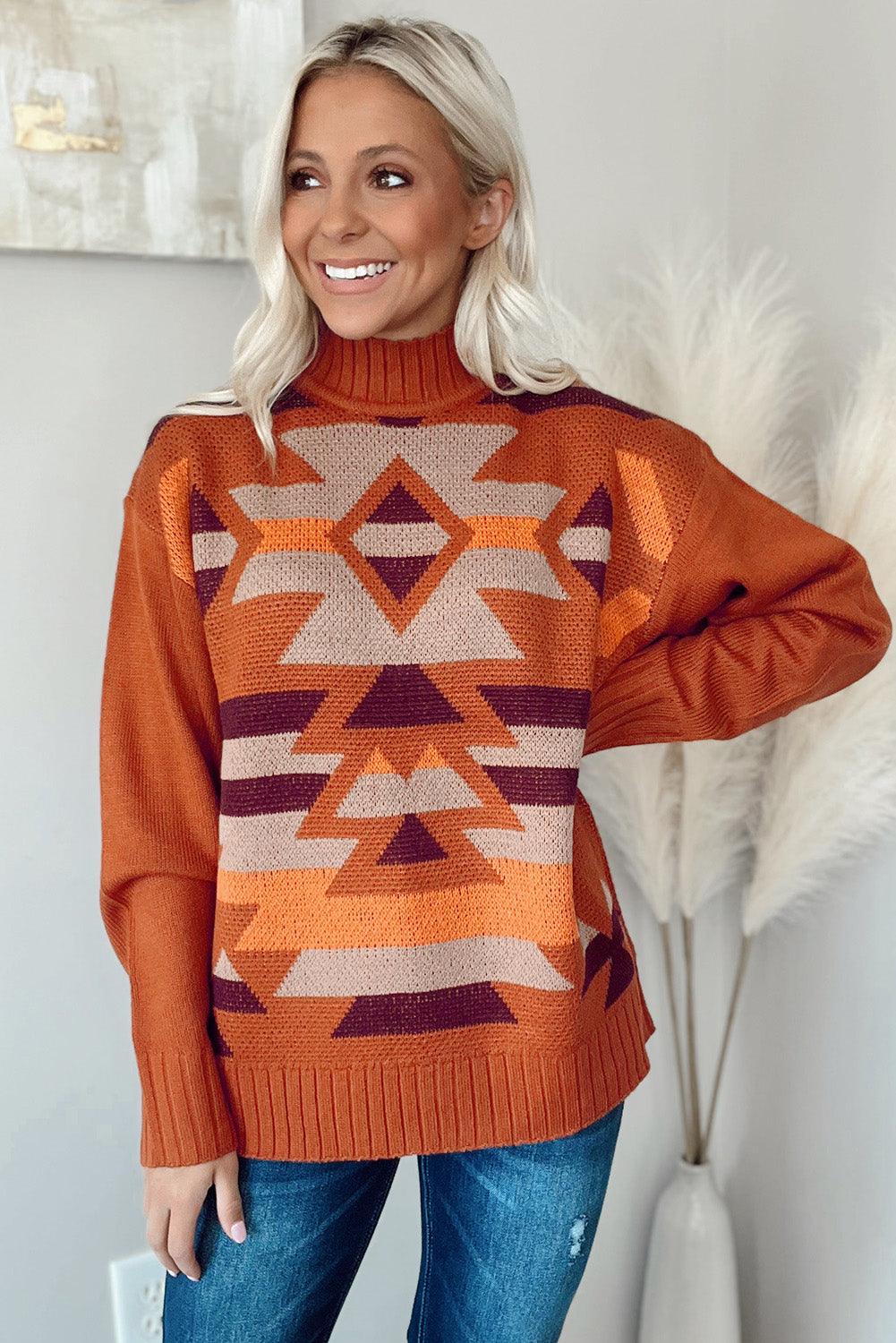 Brown Aztec Knitted High Neck Drop Shoulder Sweater - L & M Kee, LLC