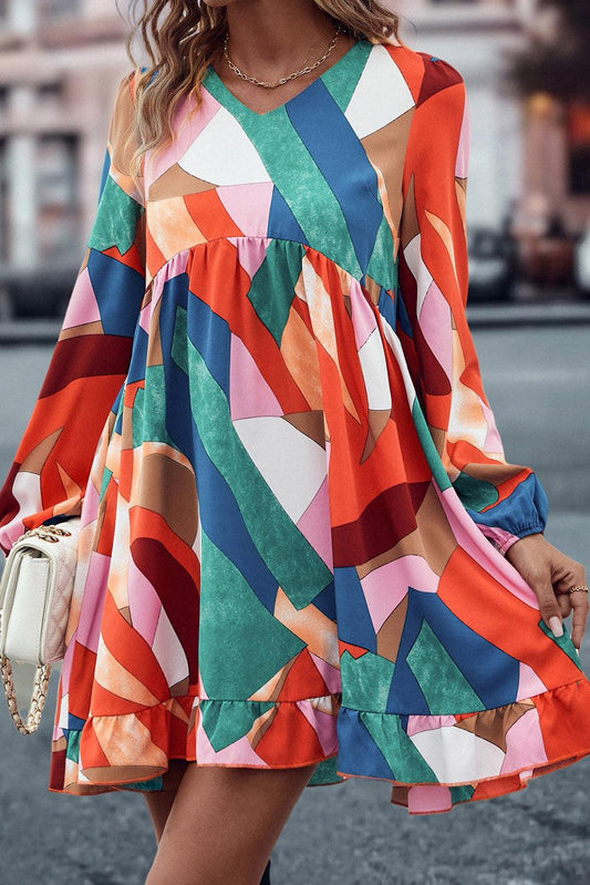 Multicolor Geometric Print Long Sleeve Ruffle Babydoll Dress - L & M Kee, LLC