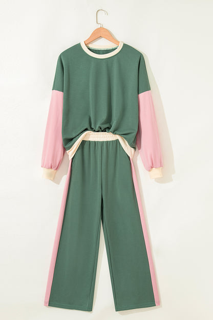 Rose Red 2pcs Color Block Pullover Loose Pant Set