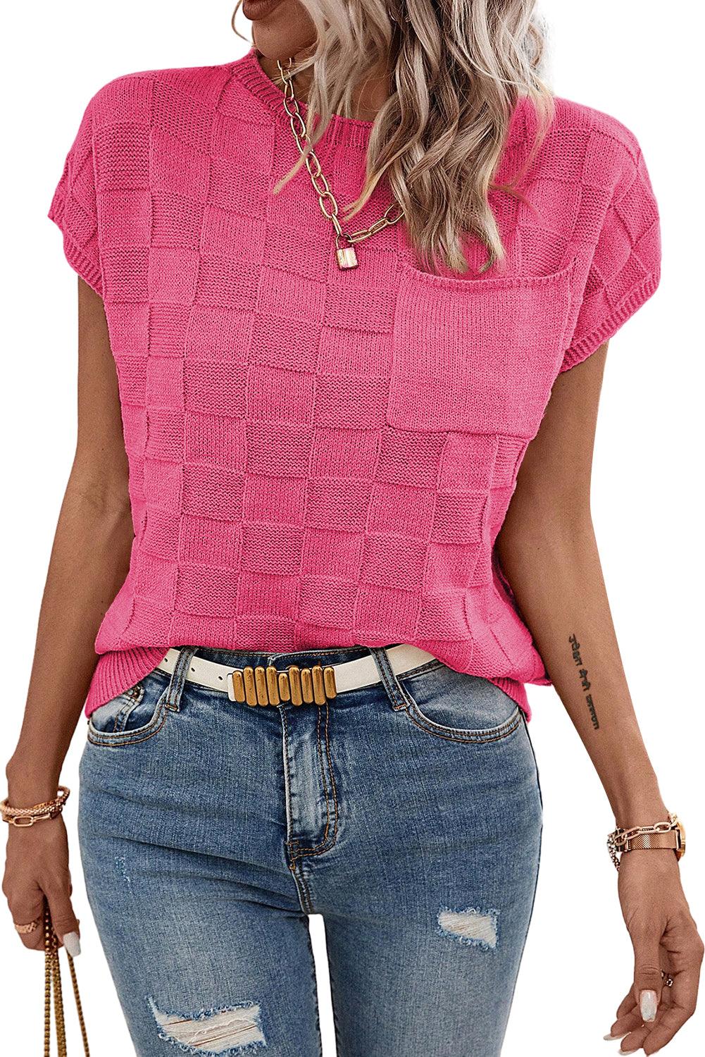 Bright Pink Lattice Textured Knit Short Sleeve Sweater - L & M Kee, LLC