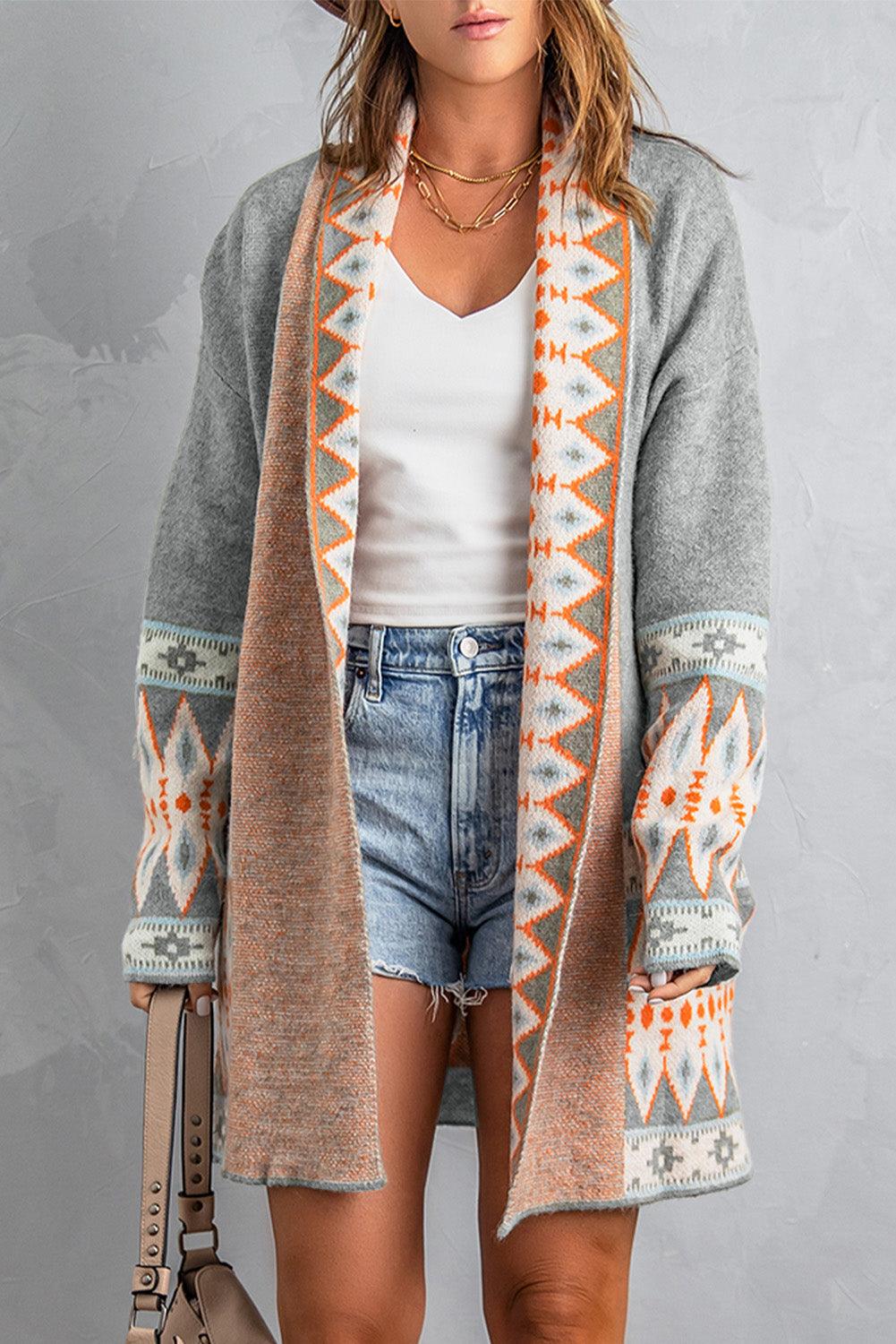 Gray Aztec Print Open Front Knitted Cardigan - L & M Kee, LLC