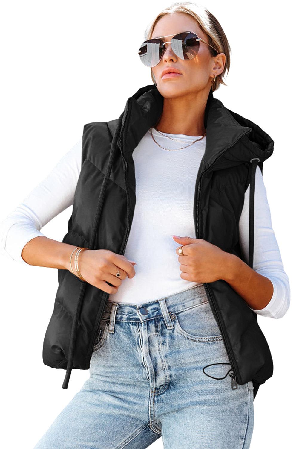Black Sleek Quilted Puffer Hooded Vest Coat - L & M Kee, LLC