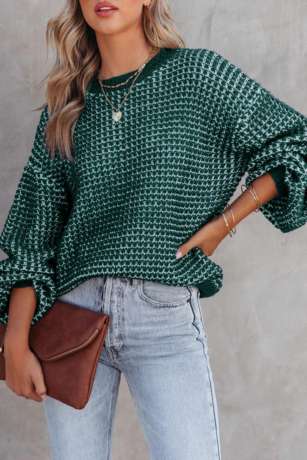 Green Heathered Knit Drop Shoulder Puff Sleeve Sweater - L & M Kee, LLC