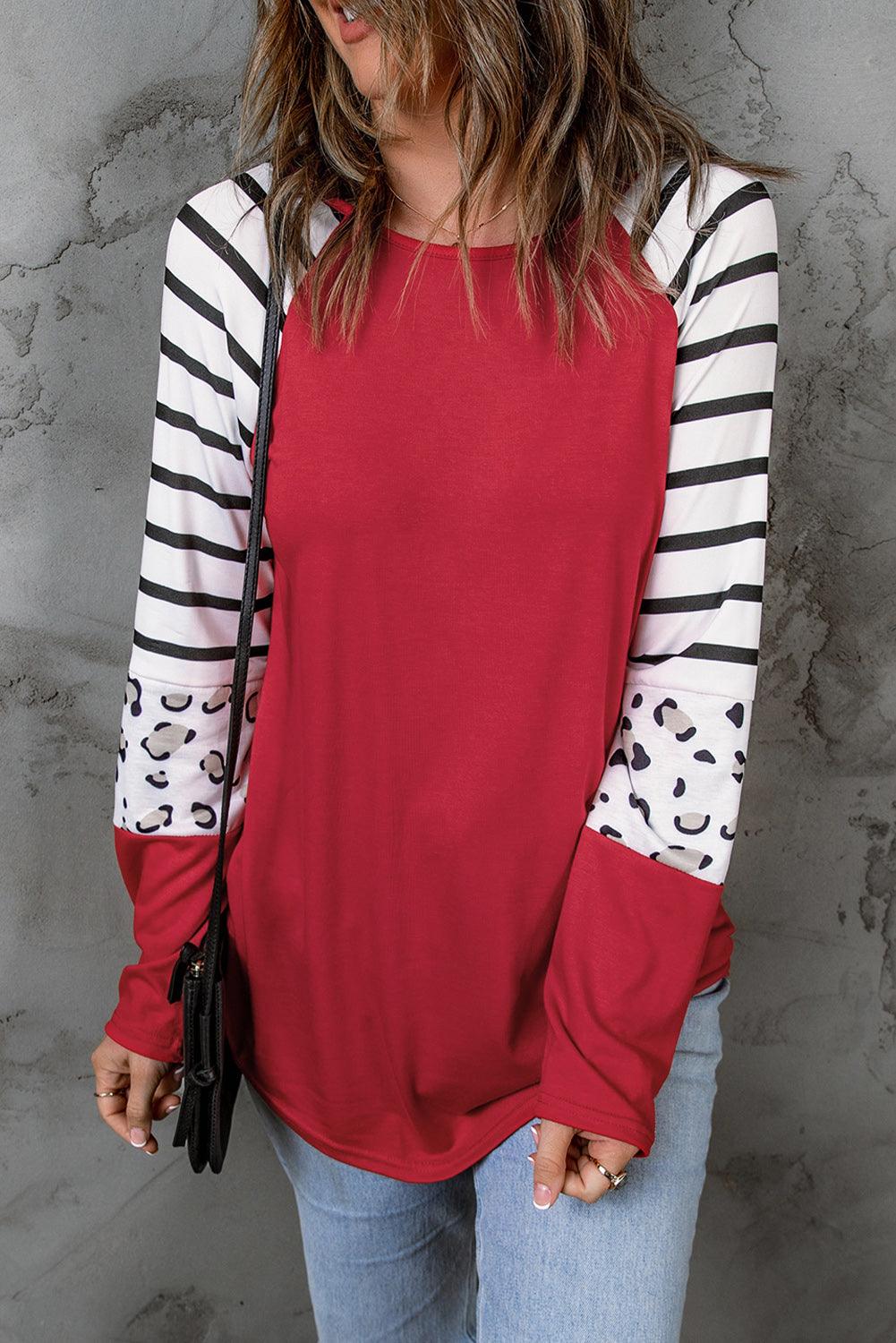 Black Striped Animal Print Colorblock Long Sleeve Top - L & M Kee, LLC