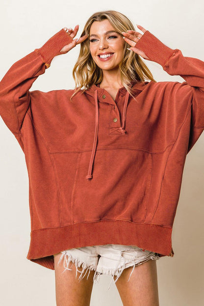 Orange Oversized Snap Buttons Thumb Hole Pullover Hoodie - L & M Kee, LLC
