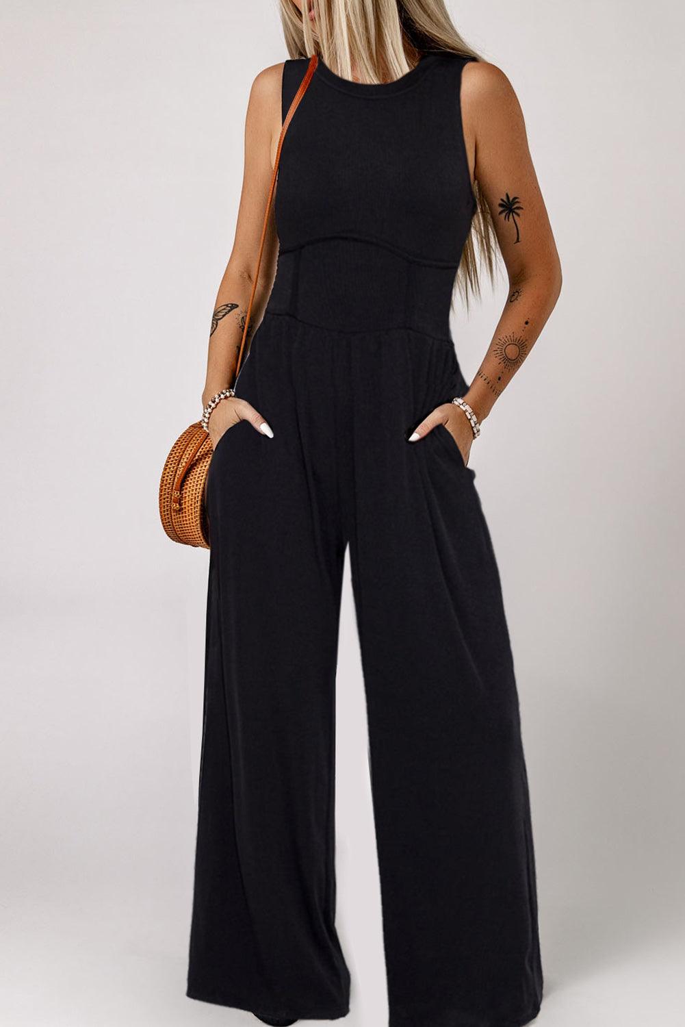 Black Plus Size Sleeveless Cinched Waist Wide Leg Jumpsuit - L & M Kee, LLC