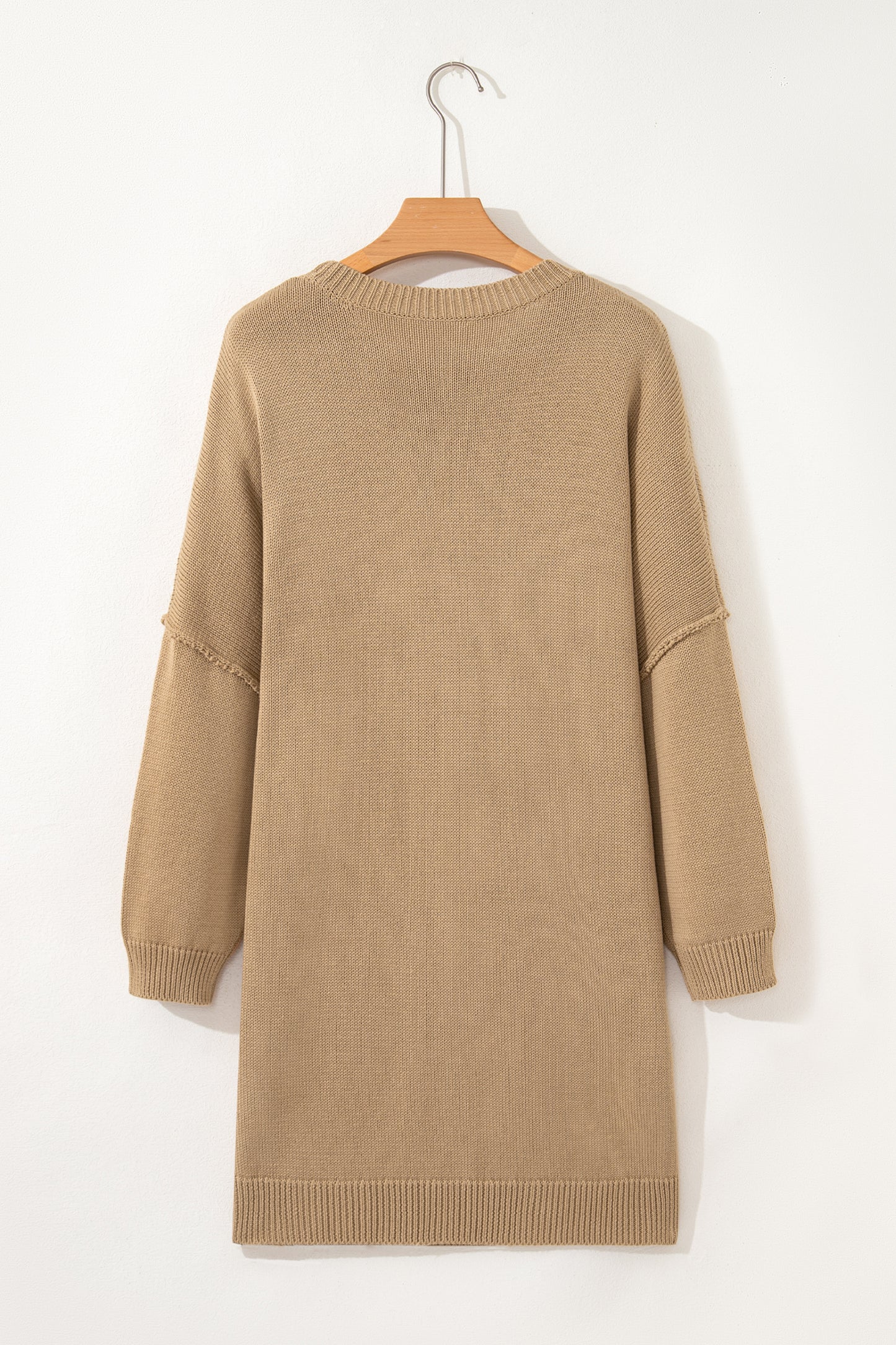 Pale Khaki Exposed Seam Drop Shoulder Oversize Sweater Mini Dress