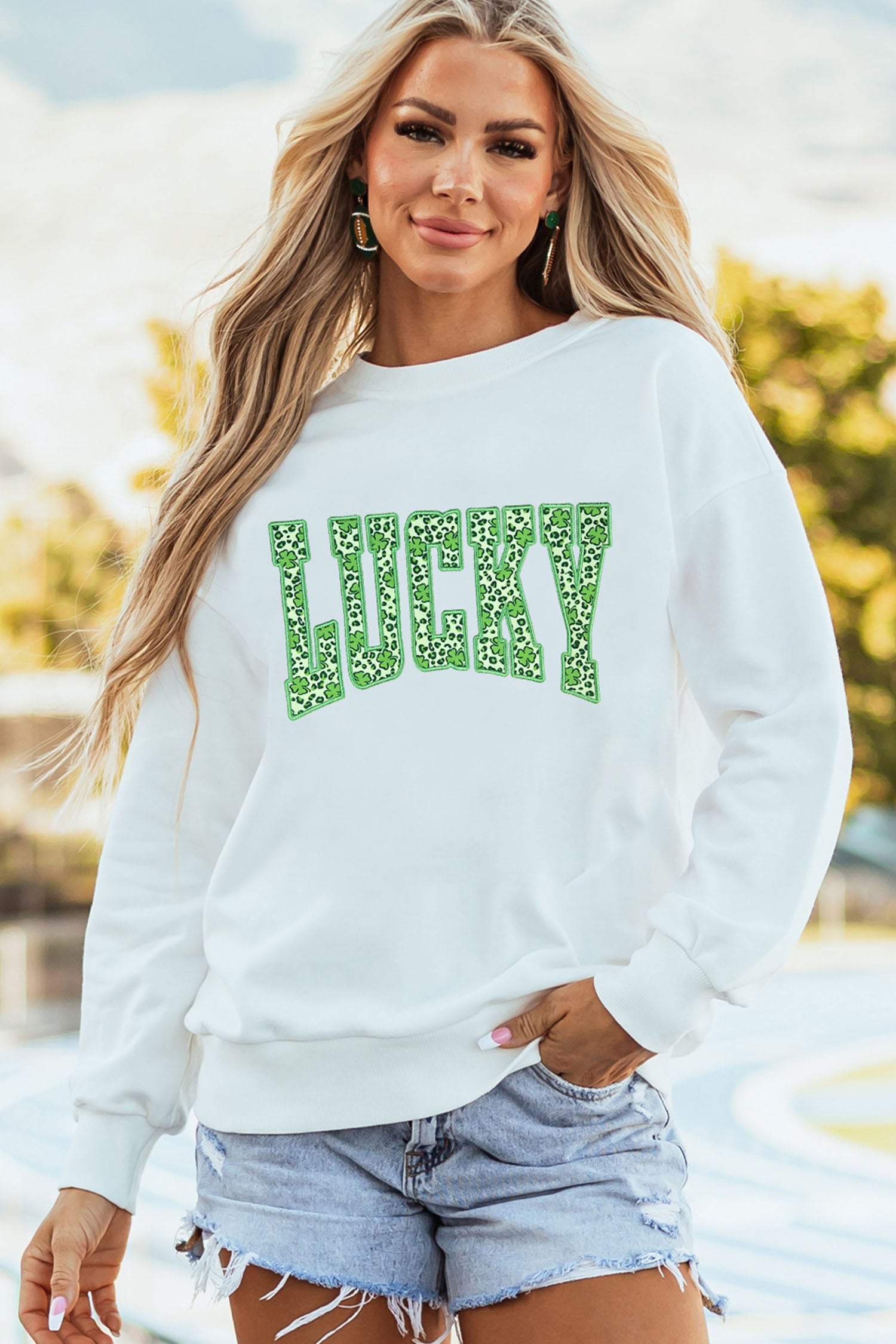 White Leopard Cover LUCKY Embroidered Patch Graphic Sweatshirt
