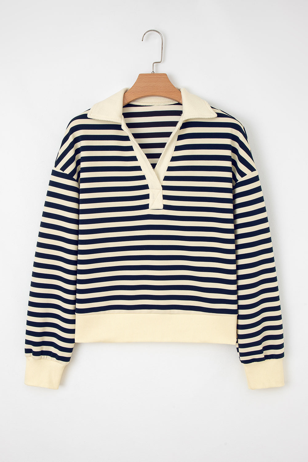 Blue Stripe Collared V Neck Long Sleeve Casual Top