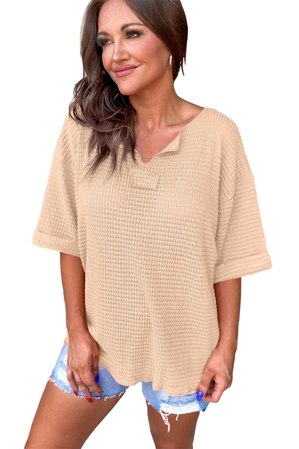 Parchment Textured Knit Split Neck Cuffed Short Sleeve Top - L & M Kee, LLC