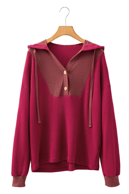 Oatmeal Waffle Patchwork Drop Shoulder Hooded Long Sleeve Top