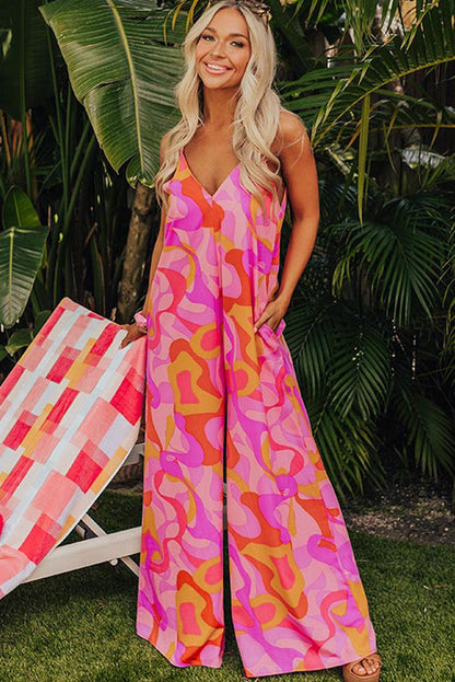 Pink Boho Abstract Print V Neck Wide Leg Jumpsuit - L & M Kee, LLC