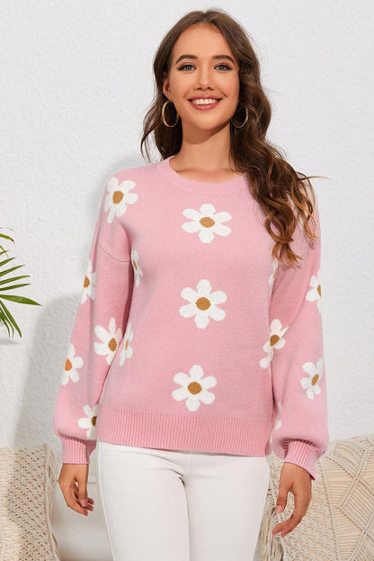 Pink Floral Pattern Drop Shoulder Sweater - L & M Kee, LLC