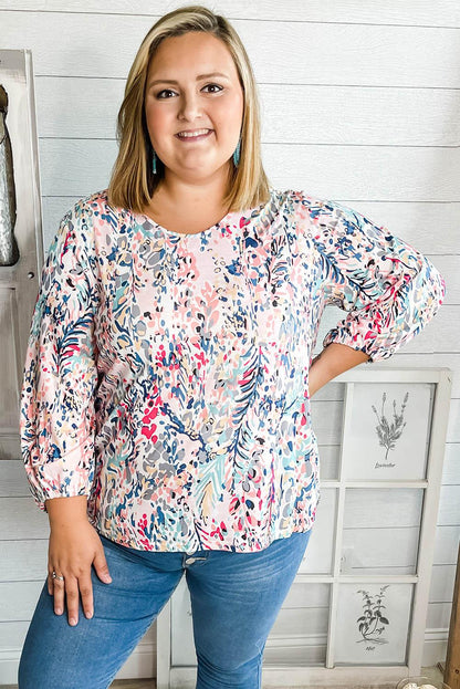 Multicolor Plus Size Floral Print Round Neck Long Sleeve Blouse - L & M Kee, LLC