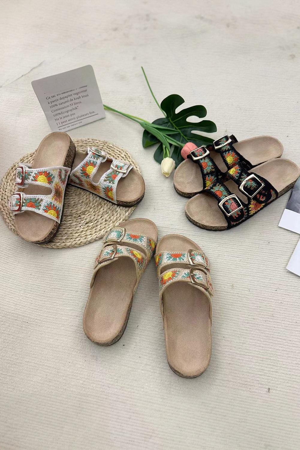 Beige Woven Sunflower Buckle Strap Slippers - L & M Kee, LLC