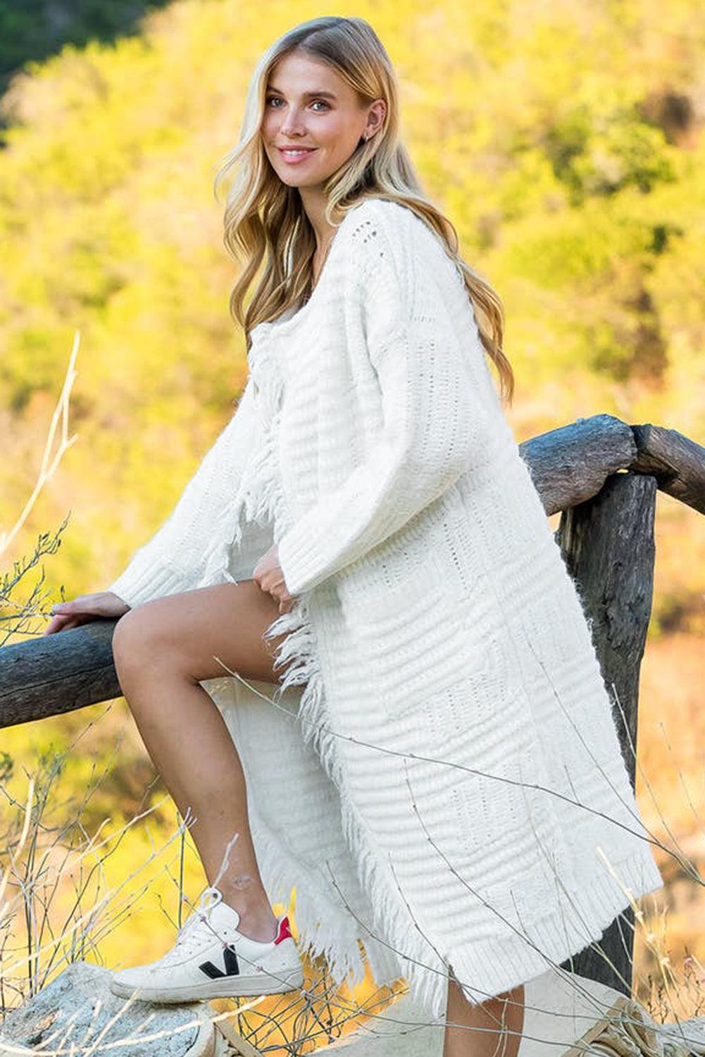 White Fringed Open Front Pocketed Long Cardigan - L & M Kee, LLC