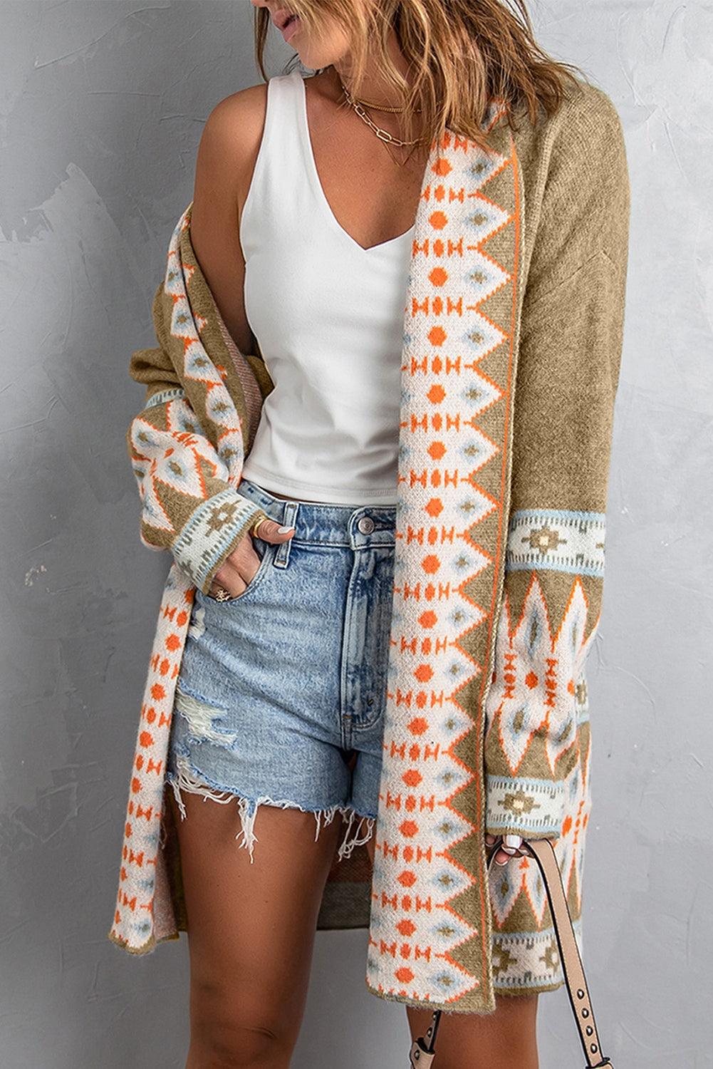 Orange Printed Aztec Print Open Front Knitted Cardigan - L & M Kee, LLC