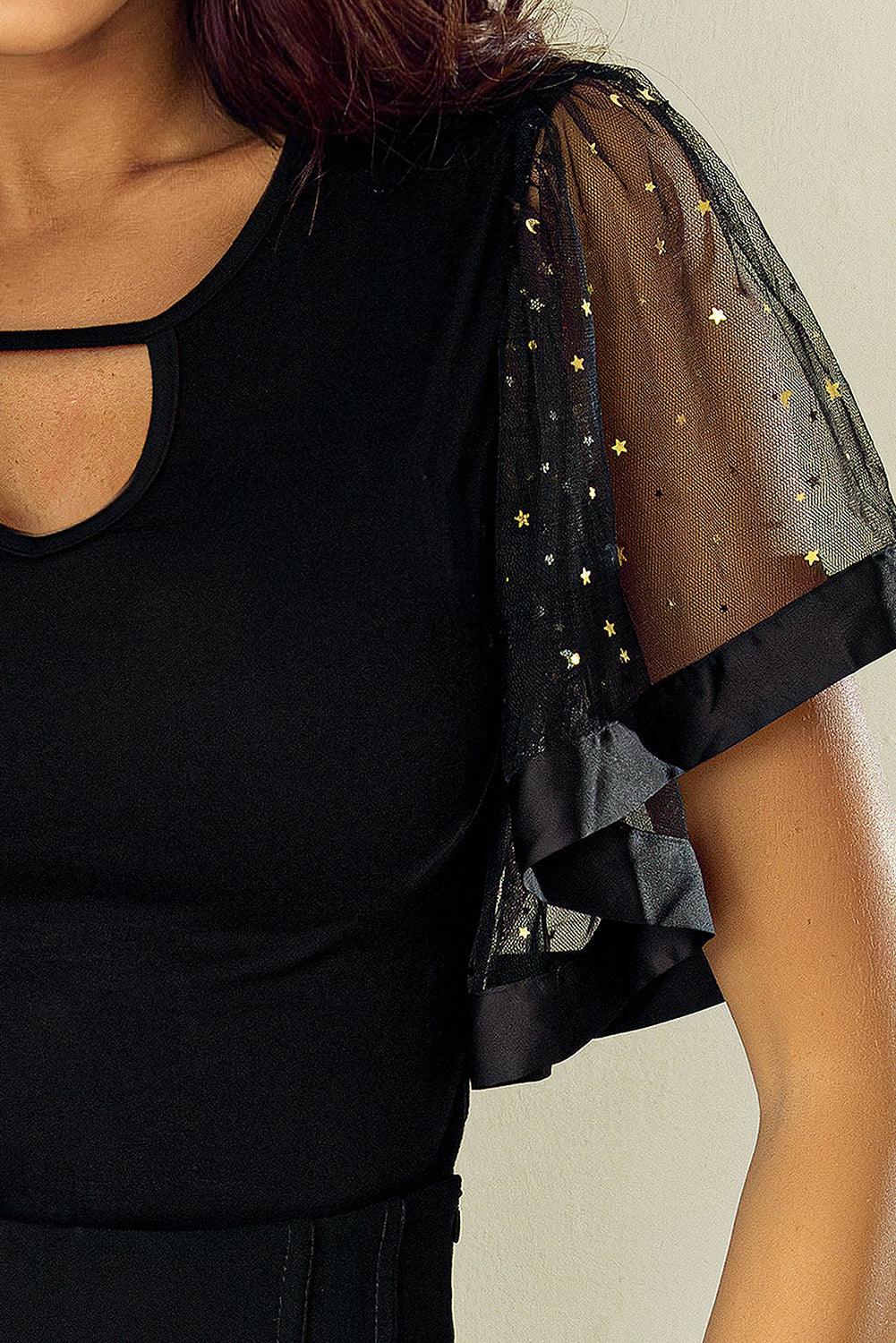 Black Starry Mesh Flutter Sleeve Slim Fit Top - L & M Kee, LLC