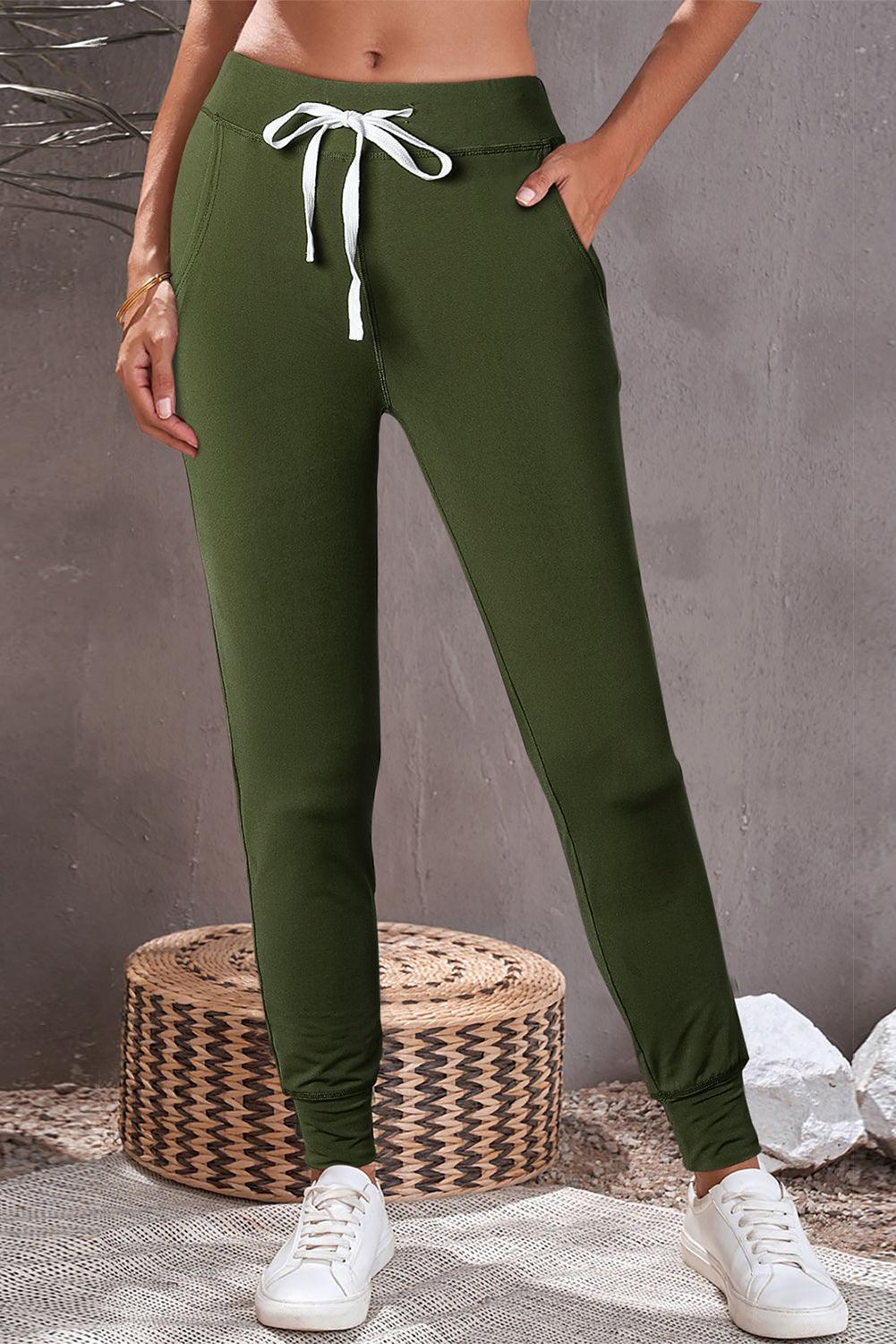 Moss Green Drawstring Waist Pocketed Joggers - L & M Kee, LLC