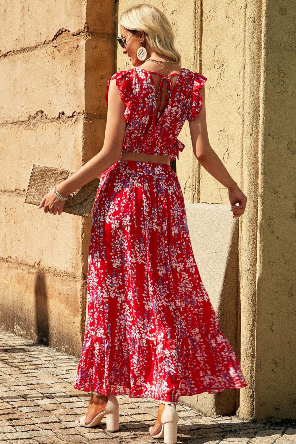 White Floral Ruffled Crop Top and Maxi Skirt Set - L & M Kee, LLC