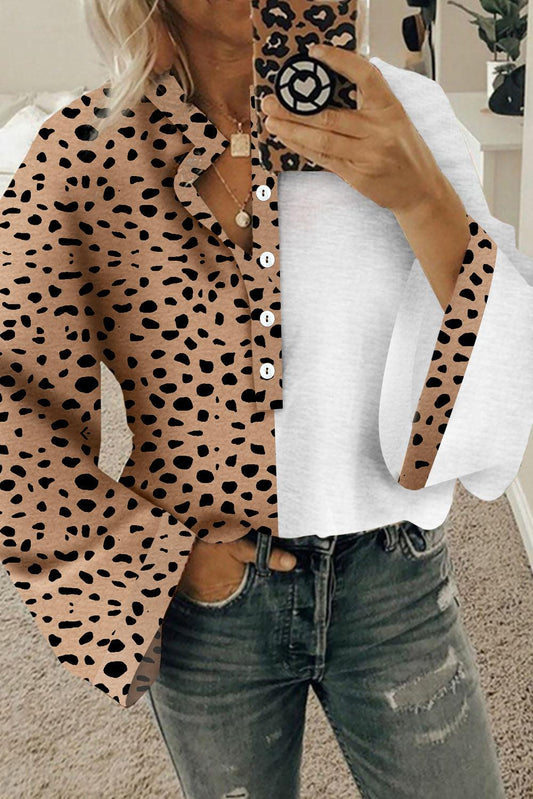 Khaki Leopard Contrast Half Button Casual Blouse - L & M Kee, LLC