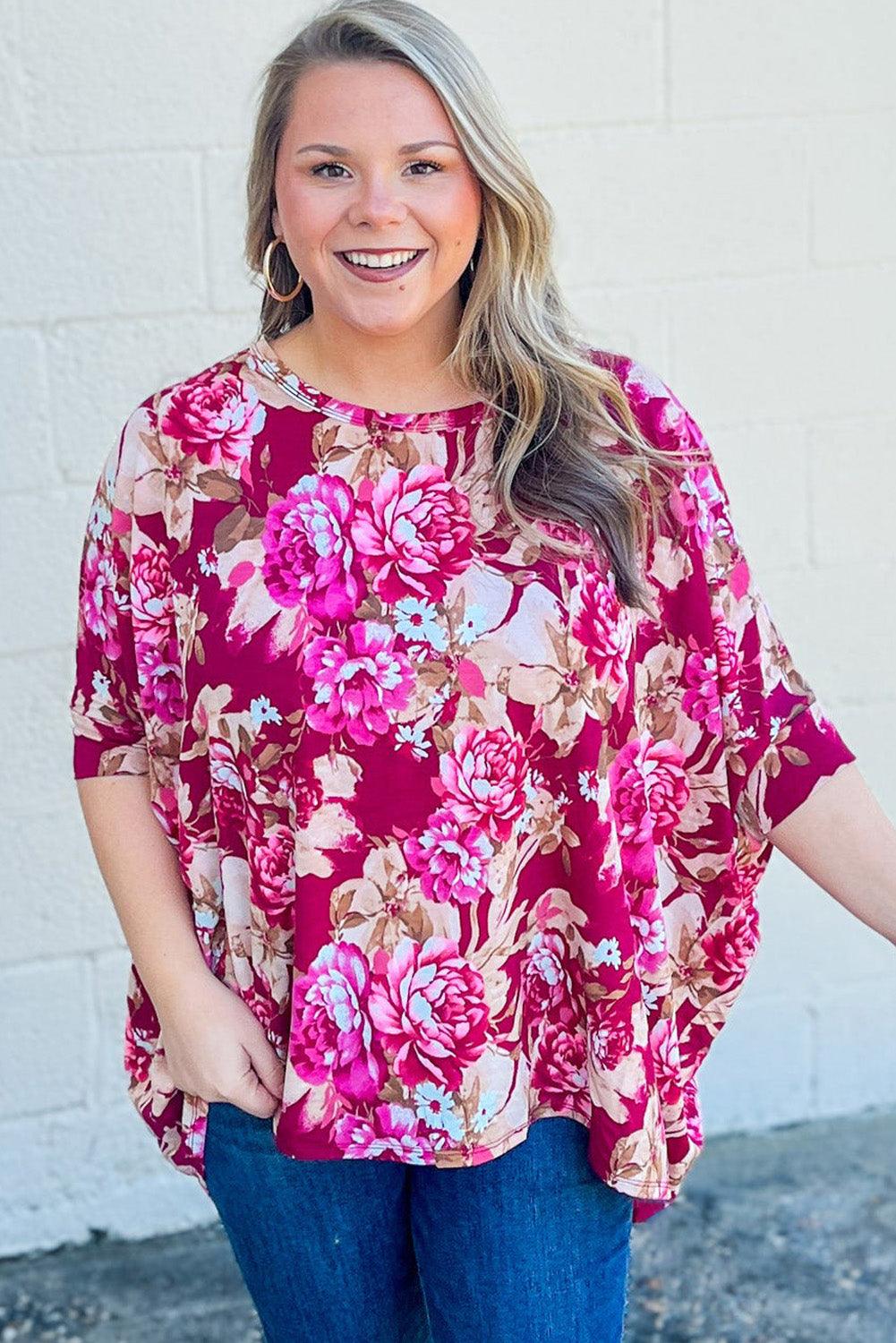 Red Floral Print Short Sleeve Plus Size Blouse - L & M Kee, LLC