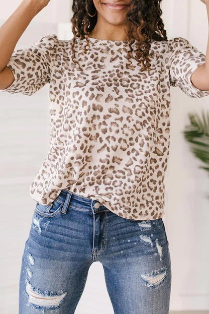 Multicolour Textured Leopard Print Ruched Sleeve T Shirt - L & M Kee, LLC