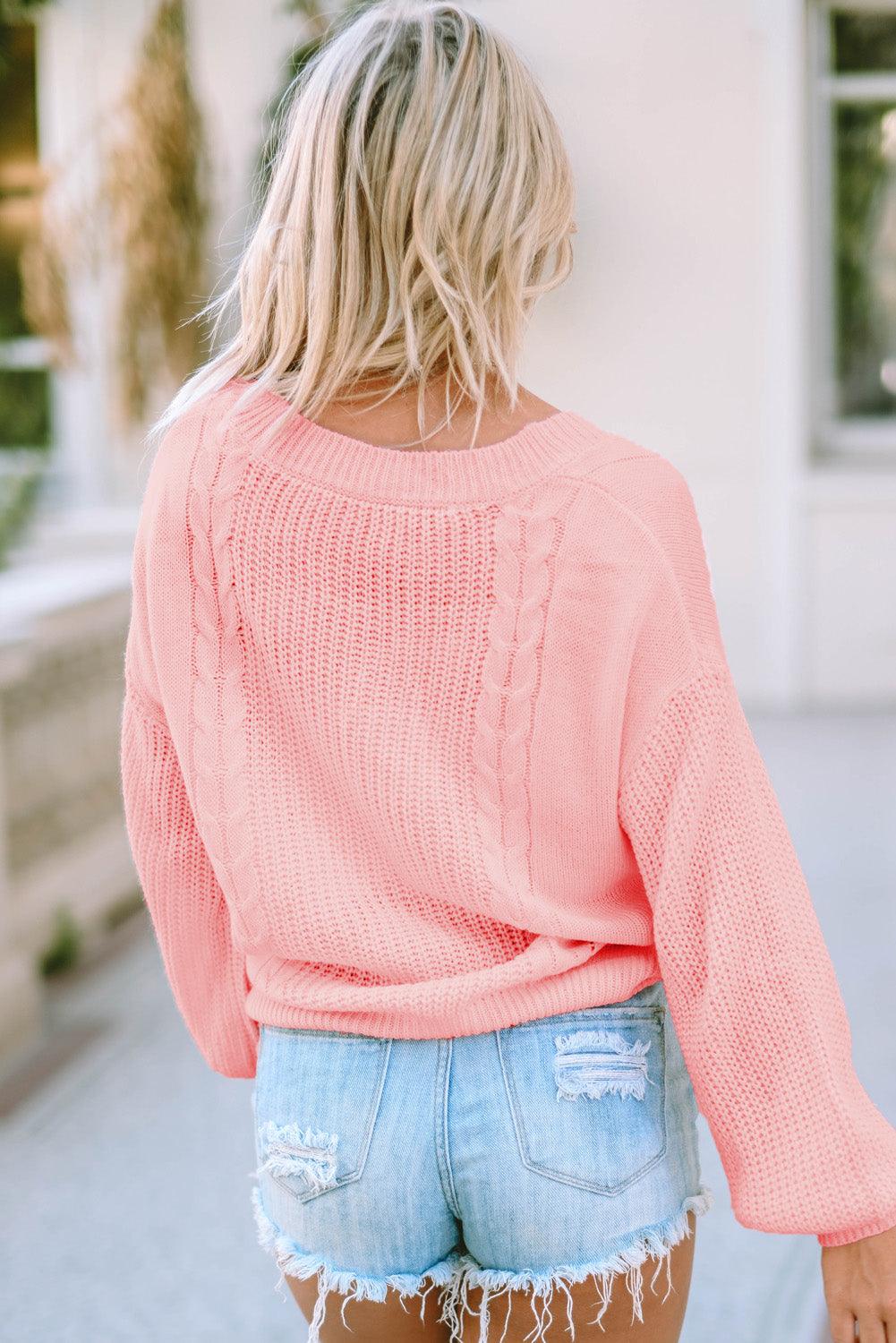 Pink V-Neck Long Sleeve Cable Knit Sweater - L & M Kee, LLC