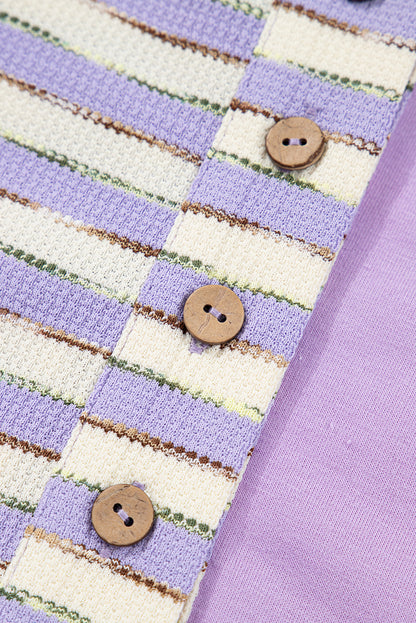 Purple Stripe Patchwork Buttoned Drop Shoulder Plus Size Pullover