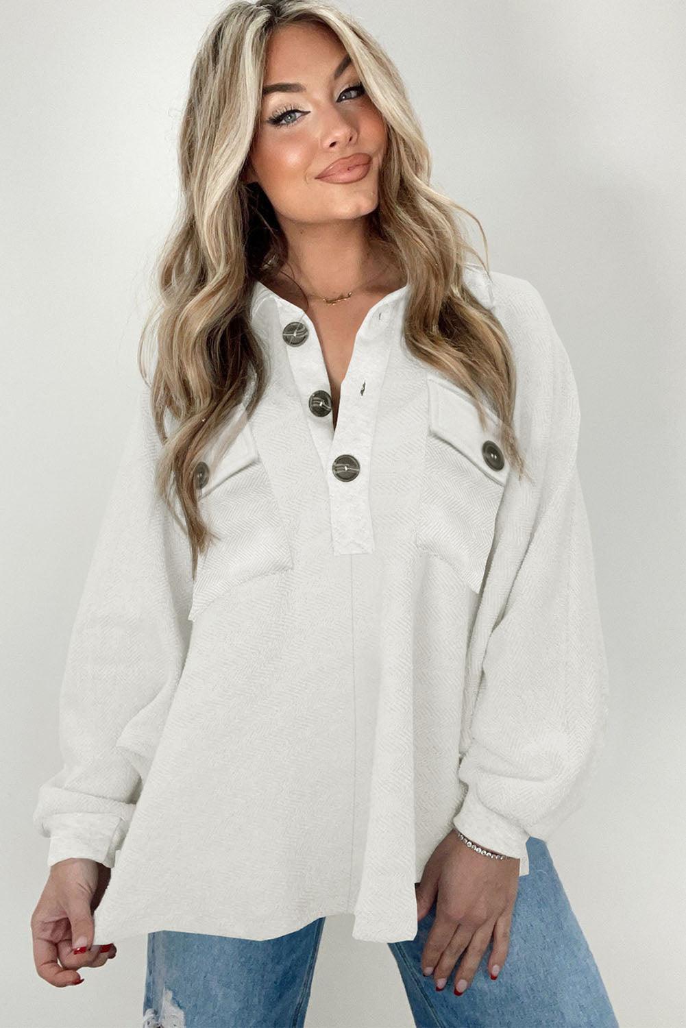 White Oversized Flap Pockets Button Collared Sweatshirt - L & M Kee, LLC