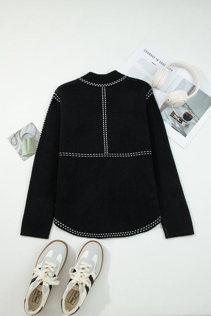 Black Contrast Trim Button up Sweater Cardigan