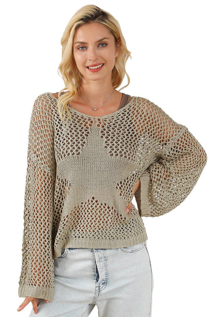 Light French Beige Star Pointelle Knit Baggy Sweater - L & M Kee, LLC