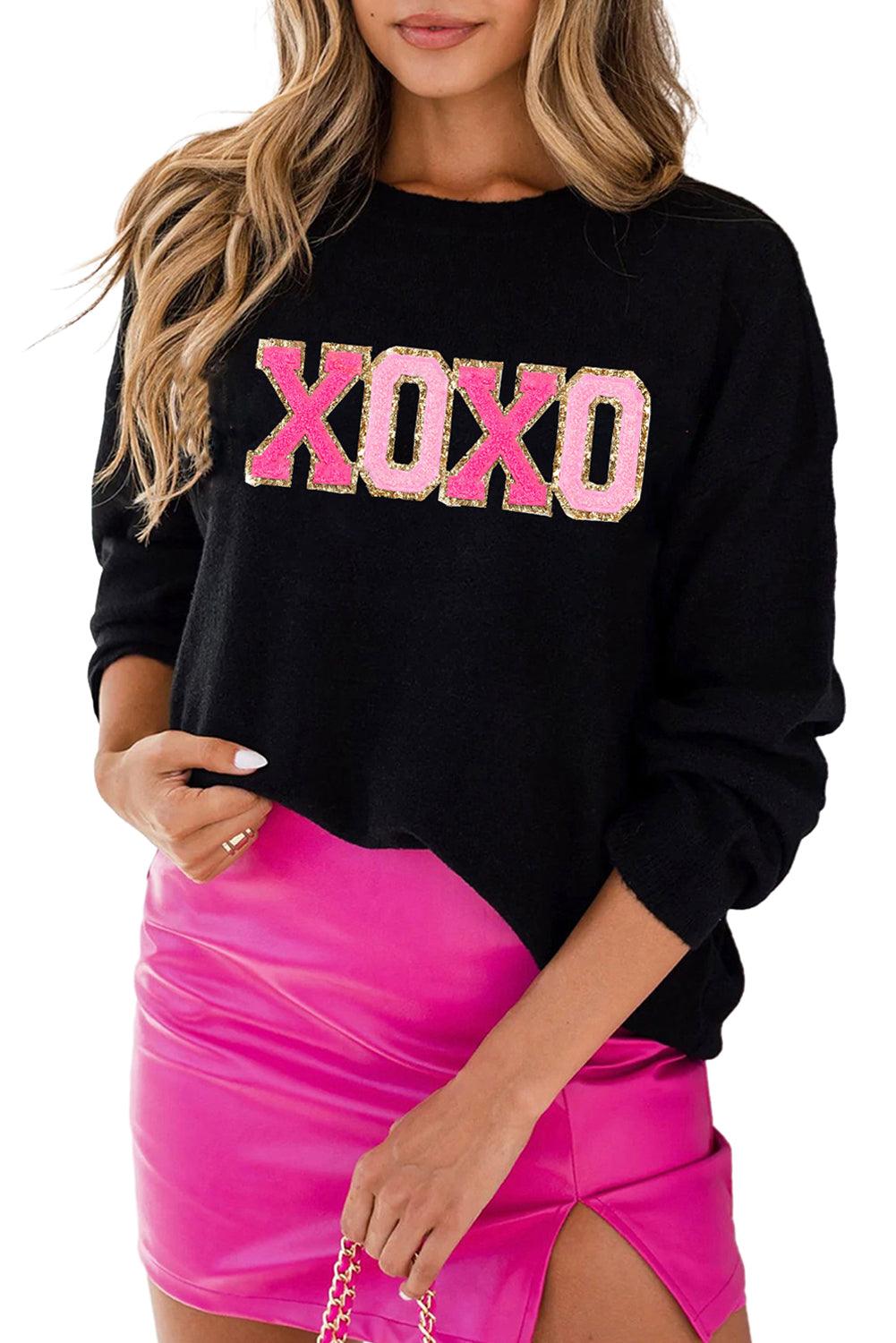 Black XOXO Glitter Print Round Neck Casual Sweater - L & M Kee, LLC