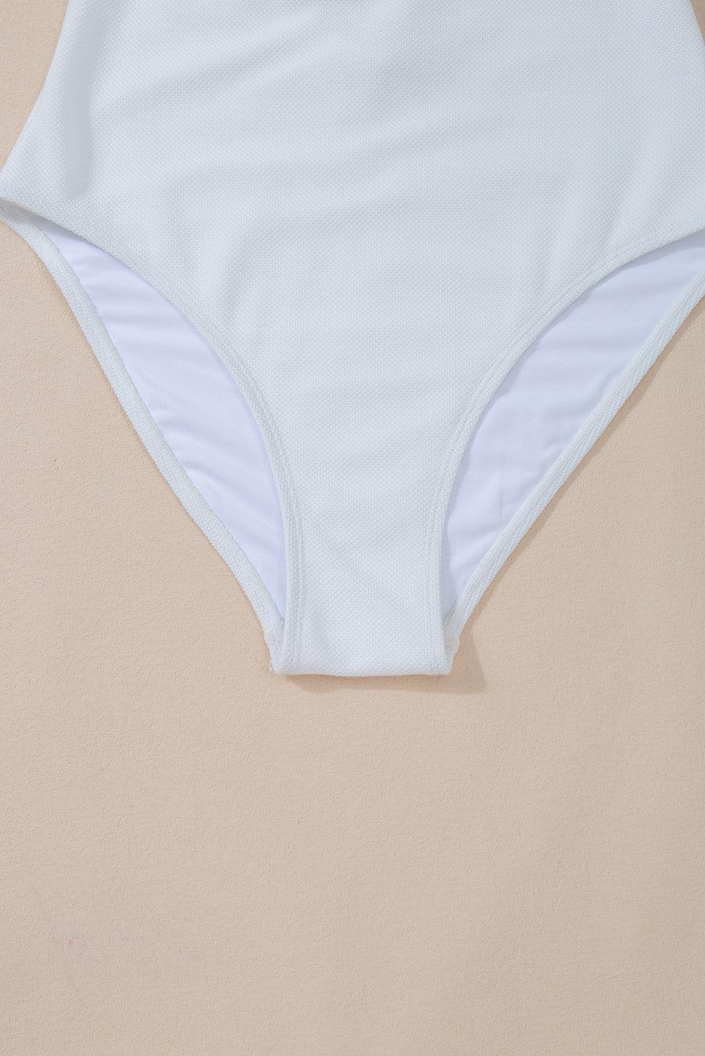 White Asymmetric Ruffle Trim Tie Waist One Piece Swimsuit - L & M Kee, LLC