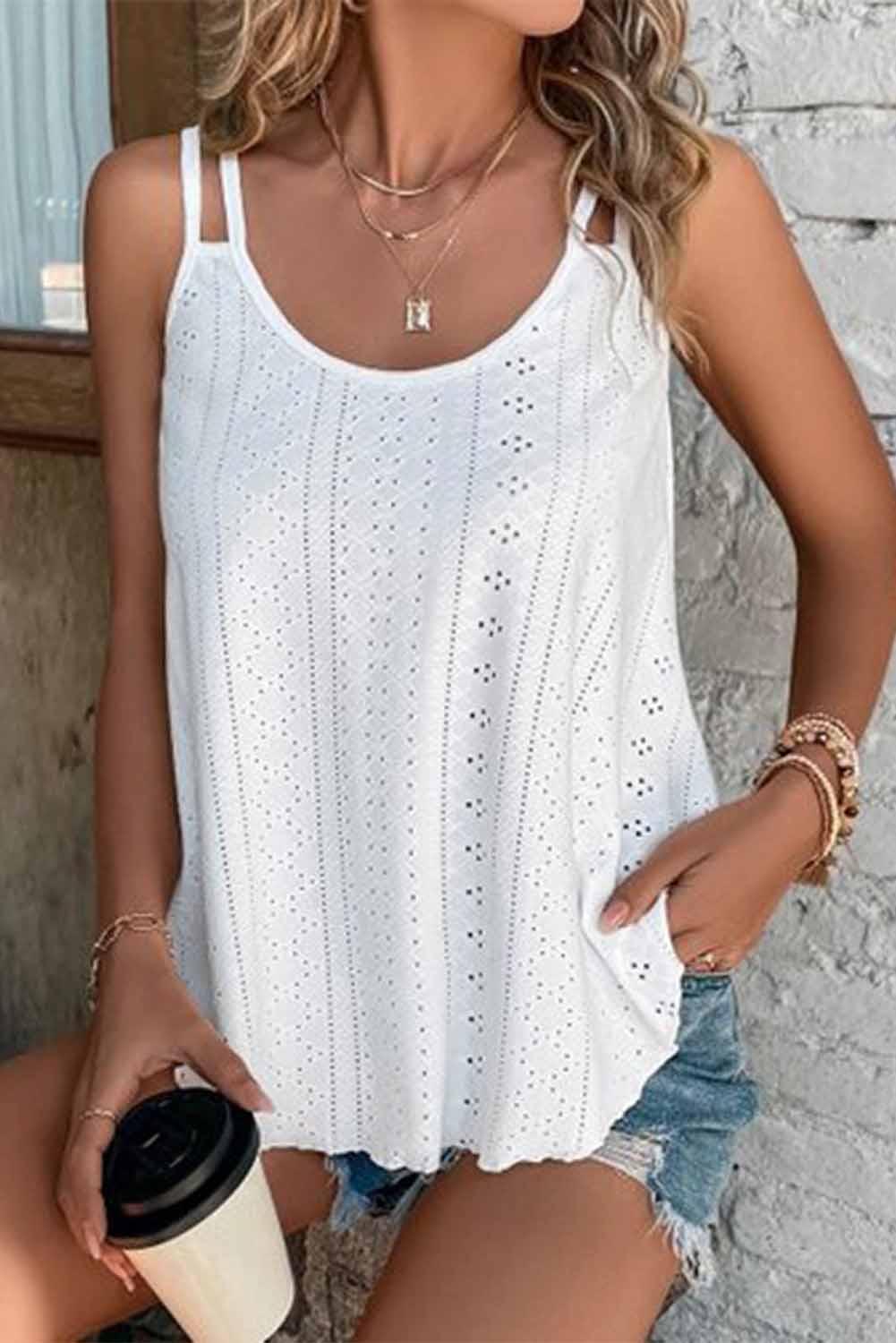 White Eyelet Strappy Scoop-Neck Tank Top - L & M Kee, LLC