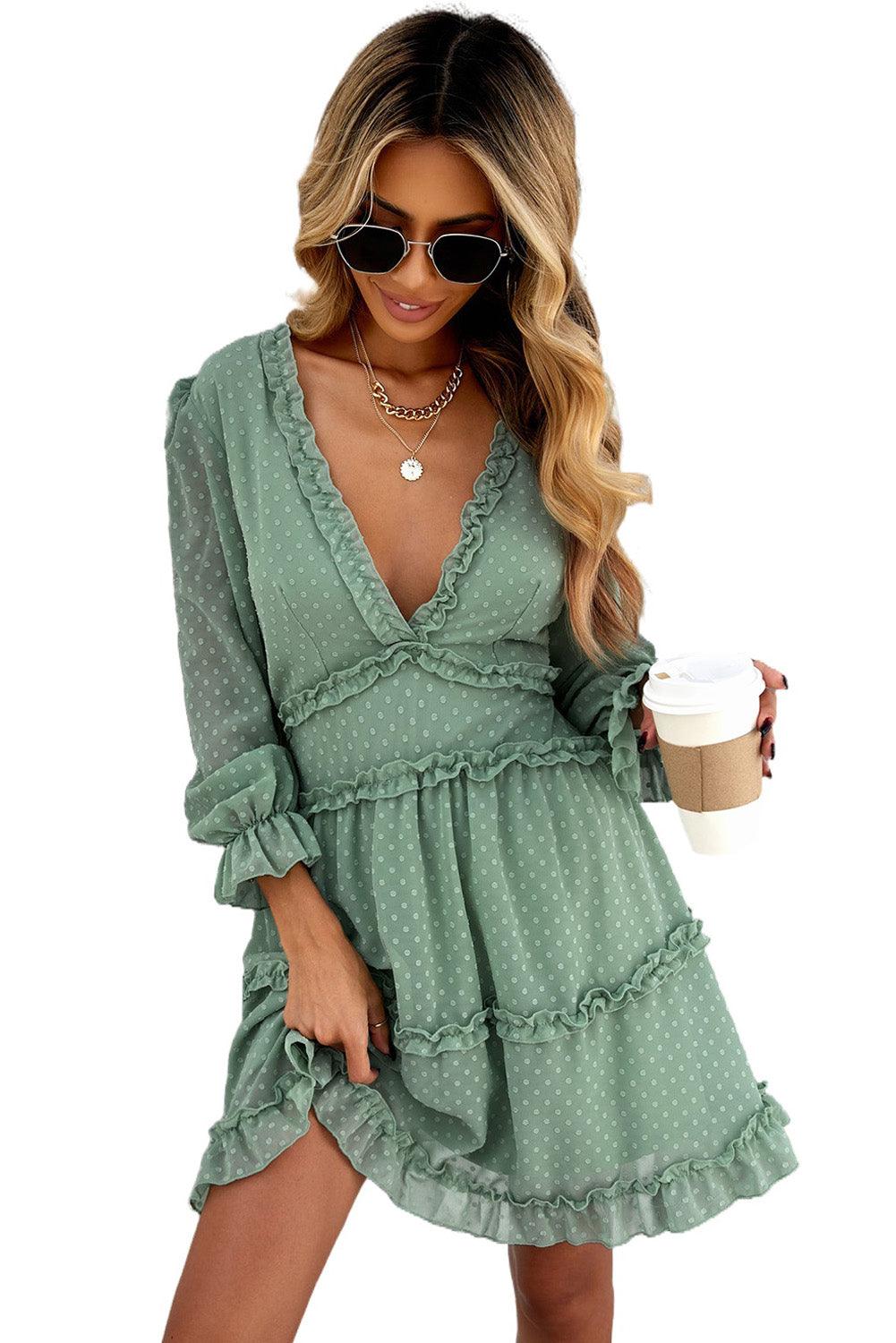 Green Layered Ruffled Open Back Puff Sleeve Swiss Dot Mini Dress - L & M Kee, LLC