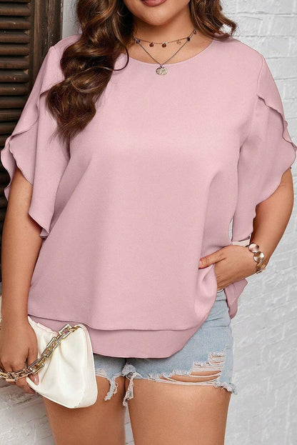 Light Pink Plus Size Frilly Overlap Sleeve Double Layered Blouse - L & M Kee, LLC