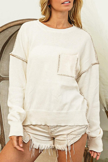 Beige Exposed Stitching Chest Pocket Drop Shoulder Sweater - L & M Kee, LLC