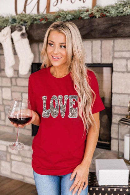 Red Sequined LOVE Letter Valentines T-shirt - L & M Kee, LLC