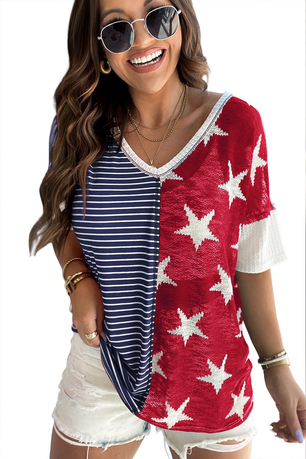 Multicolor Stripes Stars Print Knit Short Sleeves Top - L & M Kee, LLC