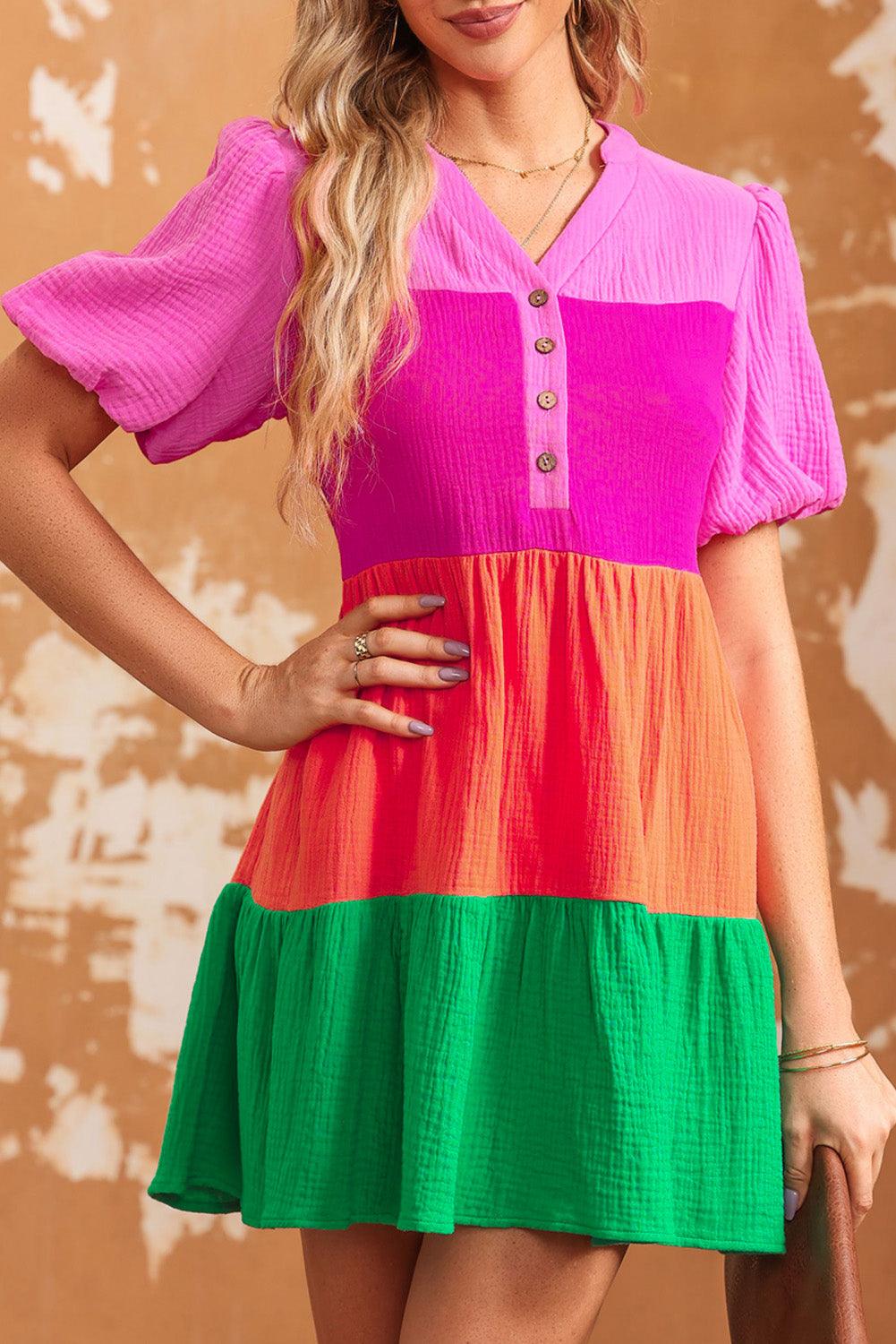 Multicolor Color Block Tiered Puff Sleeve Dress - L & M Kee, LLC