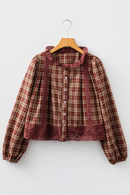 Red Dahlia Plaid Eyelet Lace Trim Button Down Loose Long Sleeve Shirt