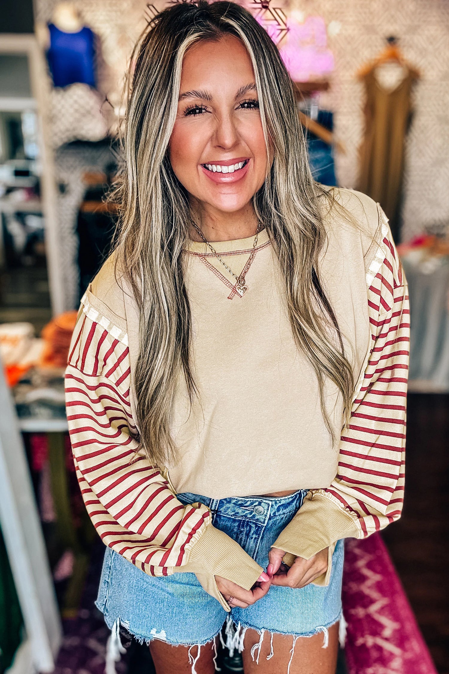 Red Stripe Sleeve Patchwork Casual Knit Top