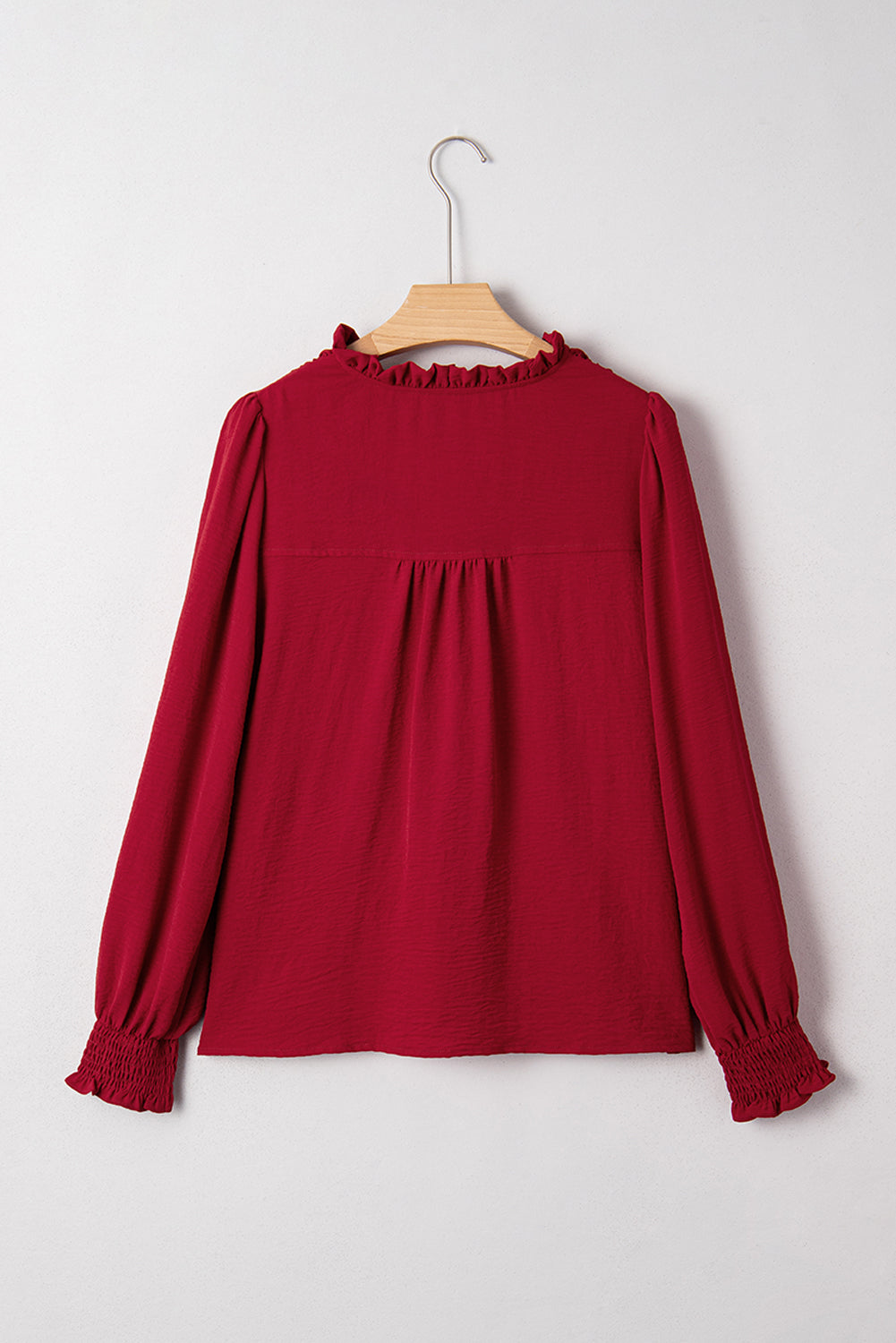 Burgundy Notched Neck Shirred Cuff Long Sleeve Blouse