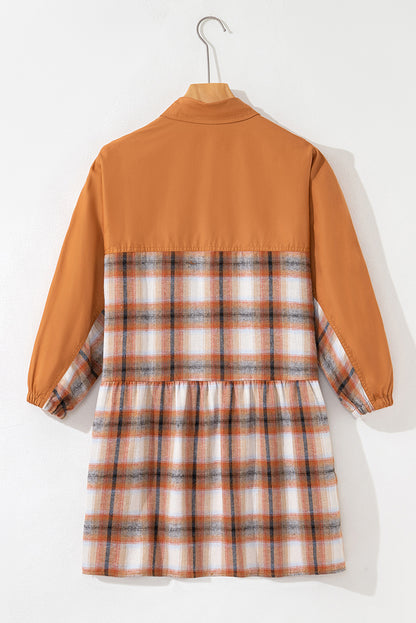 Khaki Plaid Color Block Patchwork Ruffle Hem Tunic Shirt Dress