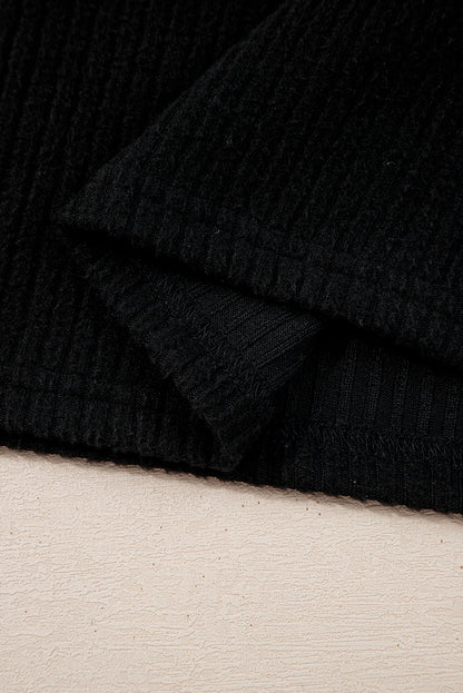 Black Ribbed Zip Stand Neck Drop Shoulder Pullover Bodycon Skirt 2pcs Set