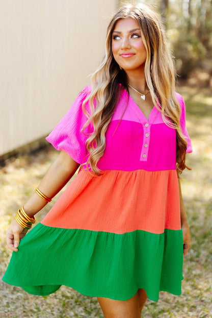 Multicolor Color Block Tiered Puff Sleeve Dress - L & M Kee, LLC