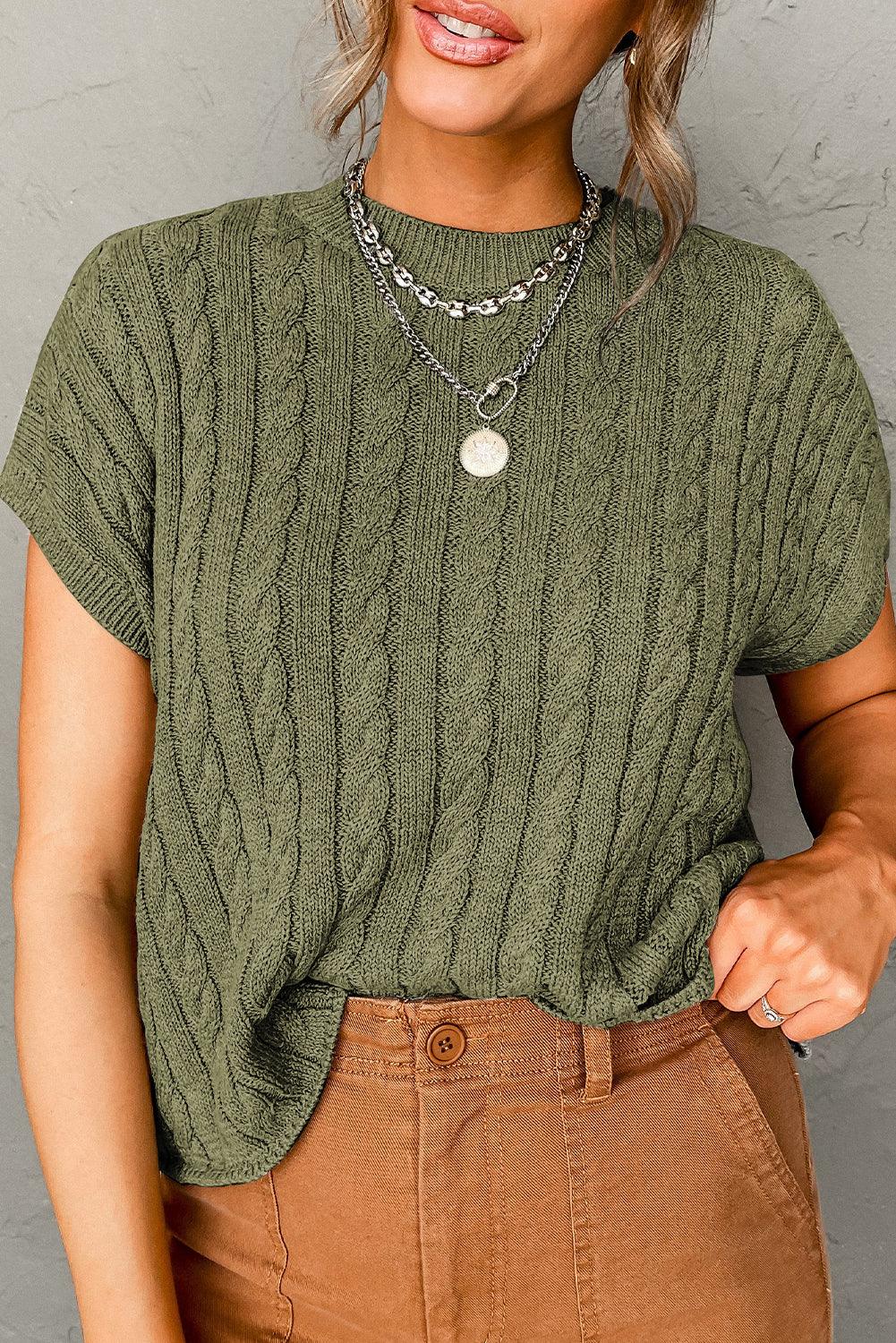 Jungle Green Crew Neck Cable Knit Short Sleeve Sweater - L & M Kee, LLC