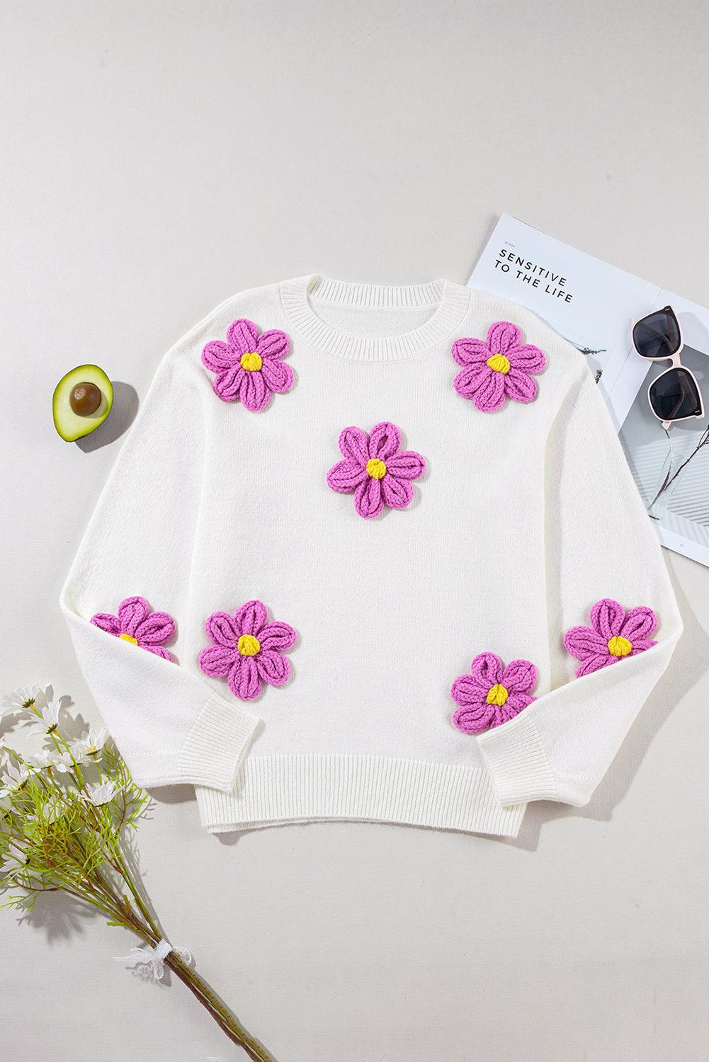 White Floral Crochet Chunky Knit Sweater - L & M Kee, LLC