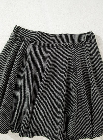 Dark Grey Corded Lantern Sleeve Top High Waist Ruffled Mini Skirt Set